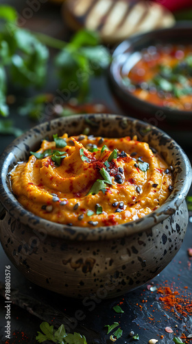 Beautiful presentation of Red pepper hummus brushed in a zigzag pattern, hyperrealistic food photography