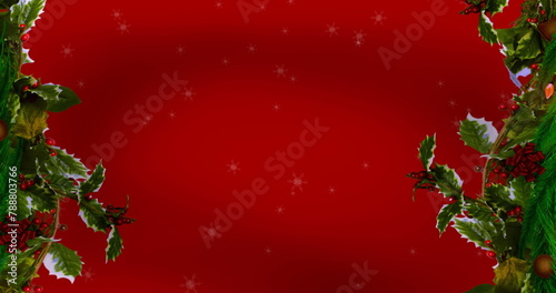 Holly and berries border festive red background with twinkling stars