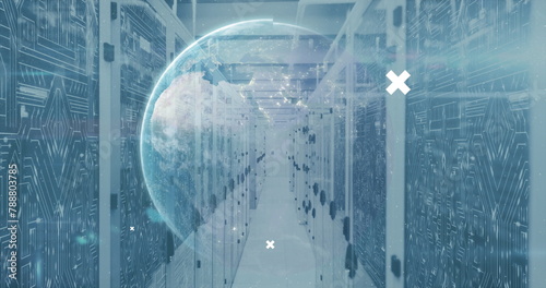 Digital interfaces and holographic globe floating in server room