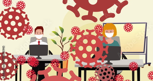Two people wearing masks sitting at desks surrounded by virus illustrations