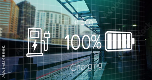 Digital icons showing battery at 100% and a charging symbol overlay a cityscape