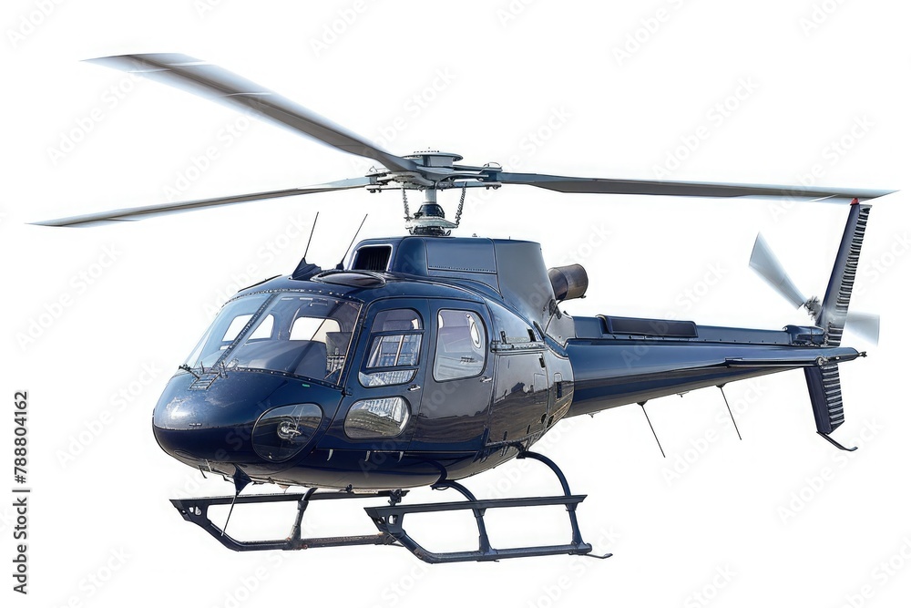Blue and white helicopter in flight isolated against white background Blue and white helicopter in flight isolated against white background