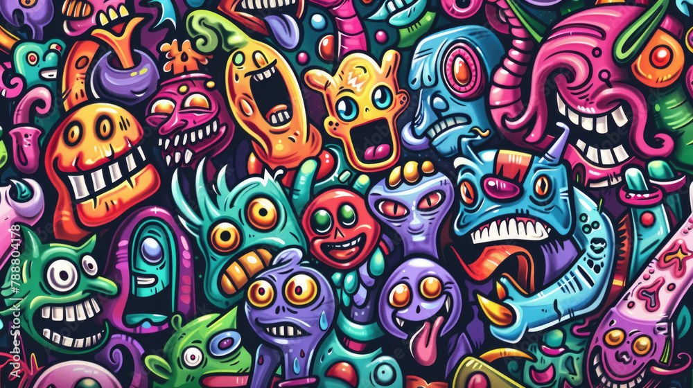 The painting depicts numerous monsters of various colors, shapes, and sizes. Each monster is distinct from the others, creating a vibrant and eclectic display The painting depicts numerous monsters of various colors, shapes, and sizes. Each monster is distinct from the others, creating a vibrant and eclectic display