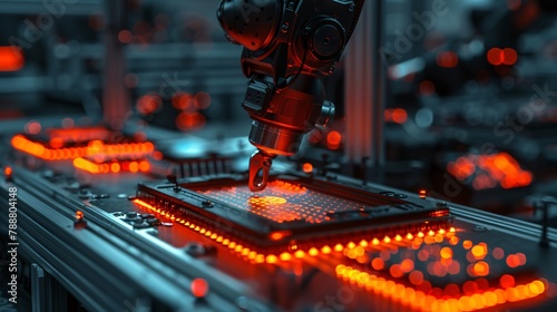 Close-up of semiconductor computer chips being manufactured and attached to a surface with a pick and place machine
