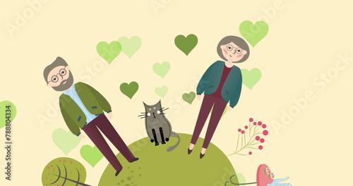 Two adults standing beside cat, all looking happy, surrounded by hearts