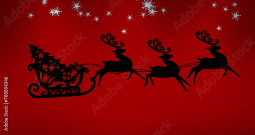 3 reindeer silhouettes pull sleigh with Christmas tree against red background