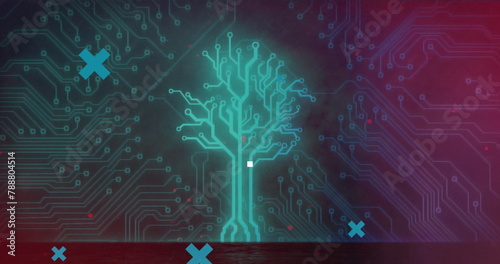 A digital tree with circuit branches glowing in blue and red