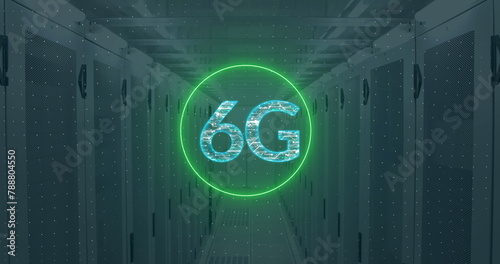 A holographic 6G symbol floats in server room, glowing in green and blue
