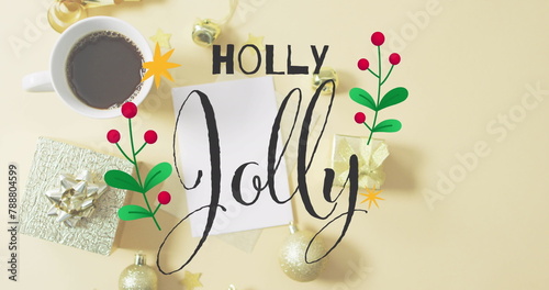 A card reading Holly Jolly surrounded by Christmas decorations