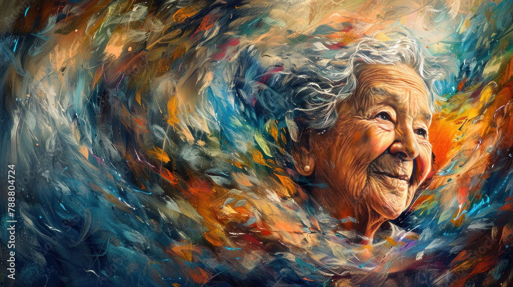 A detailed painting showcasing the weathered features of an older womans face, depicting wrinkles, wisdom, and character