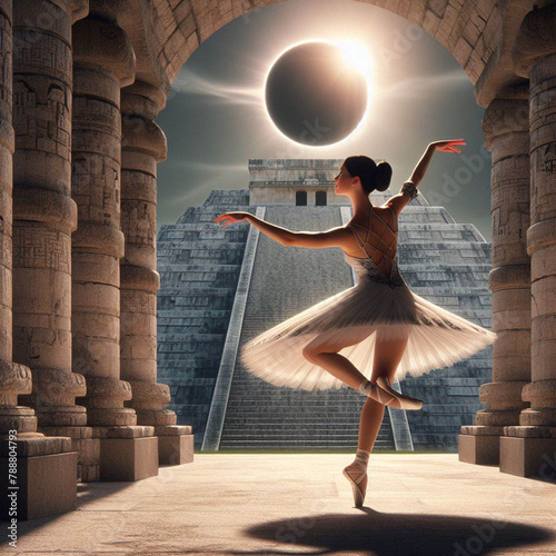 AI generated illustration of a ballet dancer exploring stunning global destinations photo