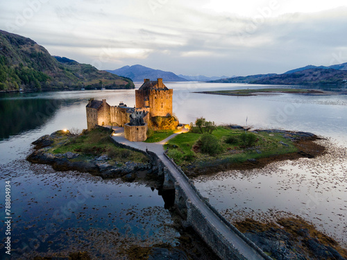 Aerial view of Eilean Donan Castle on a small island © Wirestock