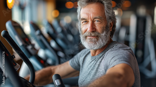 AI generated illustration of a middle-aged man working out at the gym photo