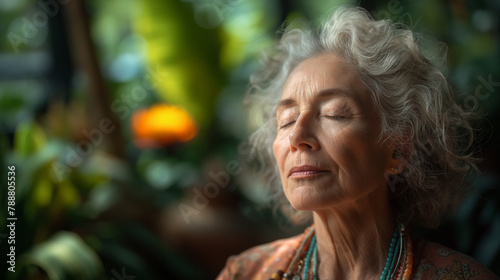 AI generated illustration of a middle-aged woman breathing fresh air in a garden