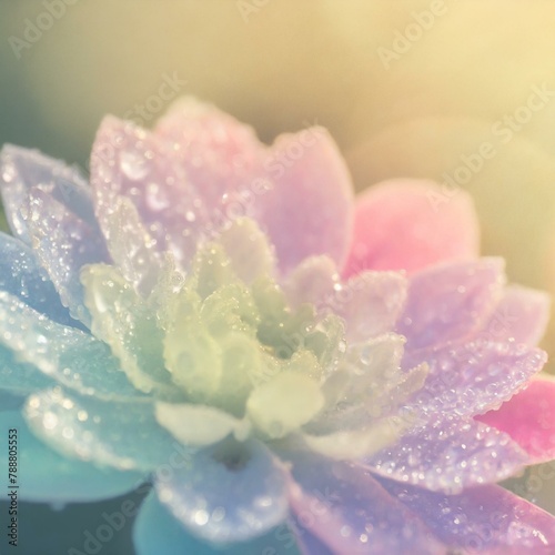 Pastel rainbow flower, close-up, showing dew on petals in soft lighting. Nature depiction of floral design.