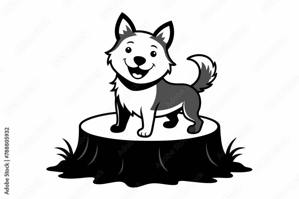 cute dog stand on a tree stump silhouette vector illustration
