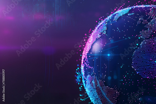Digital technology background with blue gradient and digital world globe made of dots on dark purple background, data transfer concept Generative AI