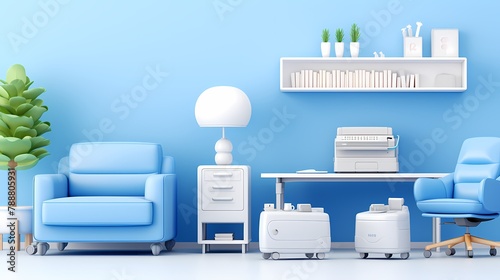 AI-generated illustration of a room with white and blue furniture and a printer