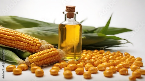 Golden Harvest: Corn and Corn Oil Presented on White Background