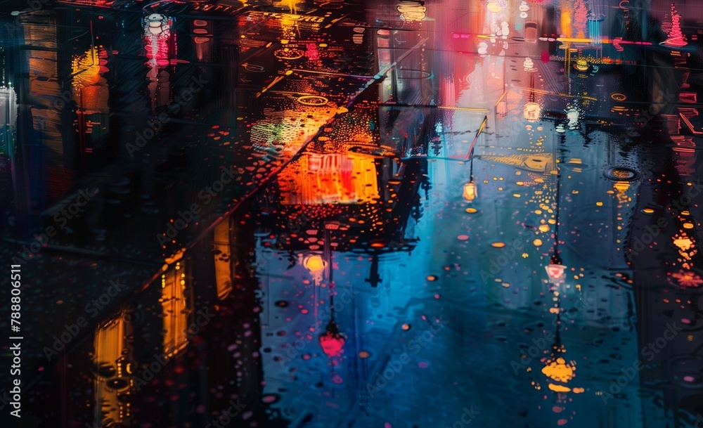 AI generated illustration of buildings on a rainy night street scene
