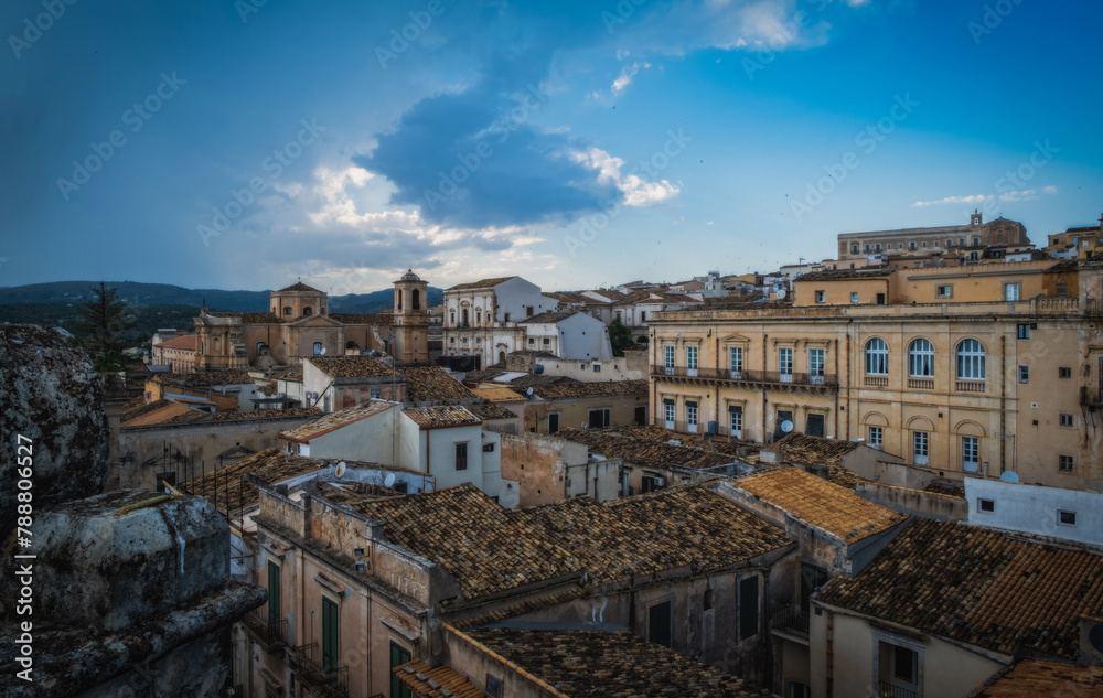 Panoramic view of Noto old town and Noto Cathedral at dusk, Sicily, Italy. June 2023