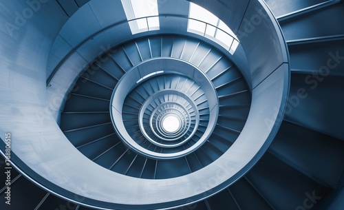 AI generated illustration of a spiral staircase illuminated by overhead light in a building