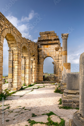 Volubilis, Morocco - March 20, 2024: Touristic attraction and Roman archaeological site situated near Meknes. Volubilis, Morocco is a UNESCO World Heritage