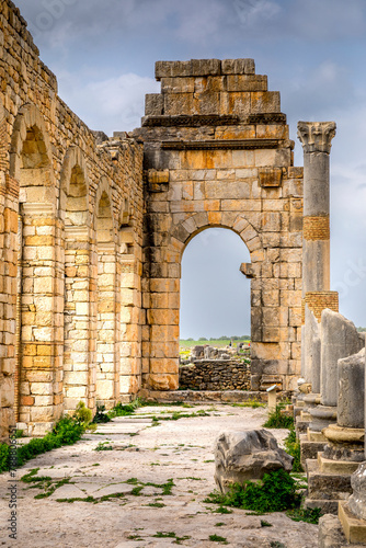 Volubilis, Morocco - March 20, 2024: Touristic attraction and Roman archaeological site situated near Meknes. Volubilis, Morocco is a UNESCO World Heritage