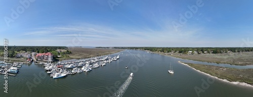 Panoramic shot of the harbor with moored boats. Freeport Marina, Hilton Head, South Carolina