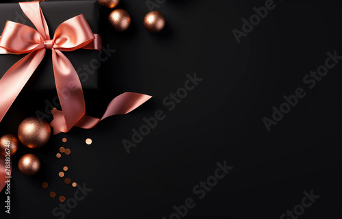 AI generated illustration of a black gift box with pink ribbon on a black background