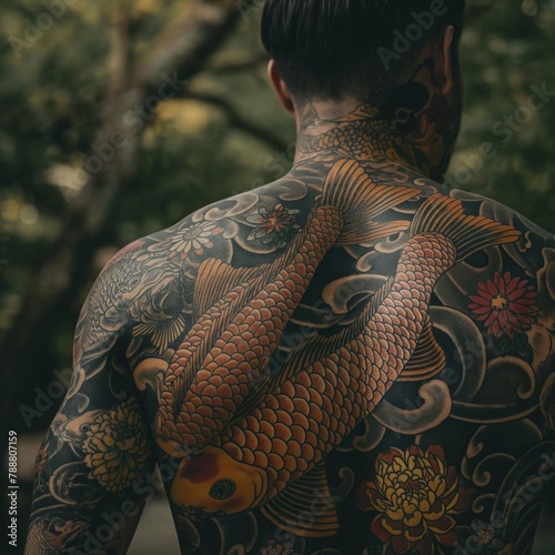 Scenic view of a man with intricate tattoos, AI-generated.