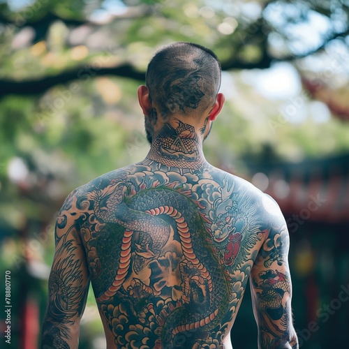 Scenic view of a man with intricate tattoos, AI-generated.