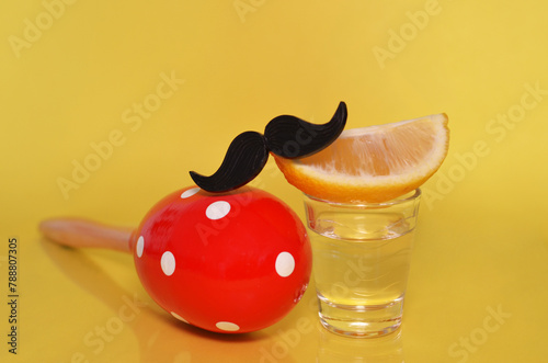 Tequila shot with mustache and red maracas on yellow background