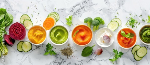 Organic infant food idea. Assorted vegetable purees displayed on a bright marble surface alongside ingredients, leaving space for text. Overhead view, flat lay perspective.