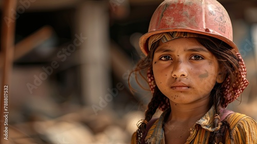 A weary young girl freed momentarily from her laborious construction duties reflects the poignant theme of World Day Against Child Labour photo