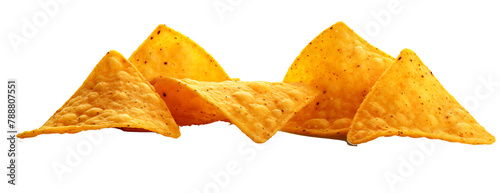 triangular golden Mexican tortilla chips isolated on a white background,  generative AI photo
