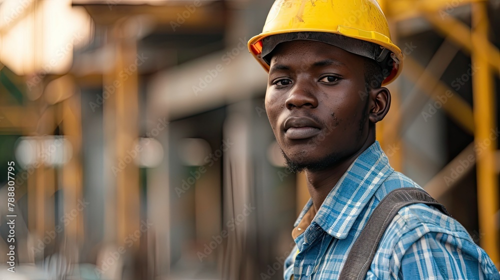 A young man in work attire is seen up close diligently working at a construction site during the daytime A young man in work attire is seen up close diligently working at a construction site during the daytime