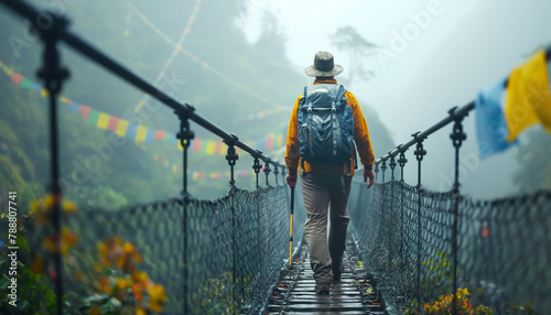 Hiker Man crosses misty suspension bridge, immersing in nature's tranquility and mystique.  solitary journey amidst foggy mountains beckons exploration and self-discovery Active people concept photo