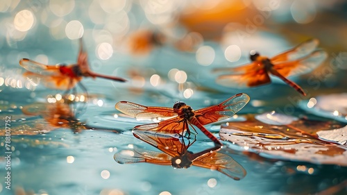 Dragonfly Ballet: A Group of Colorful Dragonflies Hovering Over a Tranquil Pond, Adding a Touch of Magic to the Waters