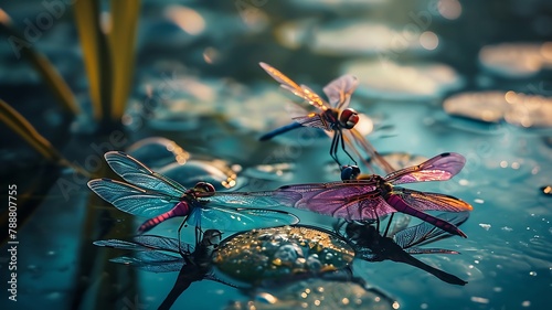Dragonfly Ballet: A Group of Colorful Dragonflies Hovering Over a Tranquil Pond, Adding a Touch of Magic to the Waters