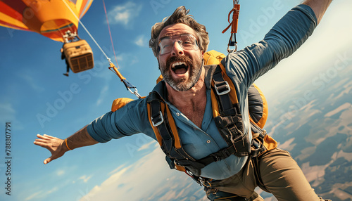 Man's thrill bungee jumping from hot-air balloon captures excitement, adventure, and adrenaline. With joyful expression, he embraces freefalling, embodying bravery, fearlessness in daring activity