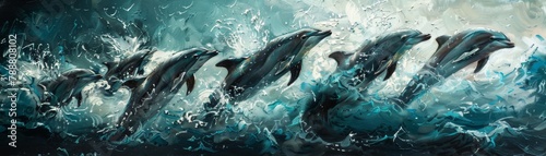 A pod of dolphins jumping out of the water in a stormy sea.