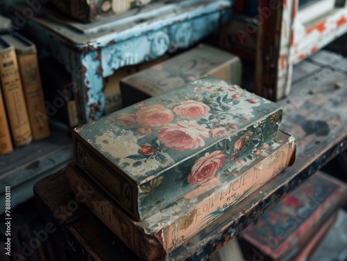 A stack of old books with a floral pattern on the top book.