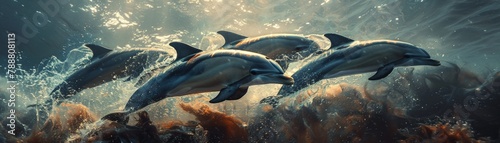 A pod of dolphins swimming through a kelp forest.