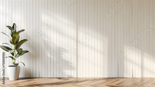 Fototapeta Naklejka Na Ścianę i Meble -  White cladding panel wall with rubber tree plant, Wood floor, Interior 3d illustration.