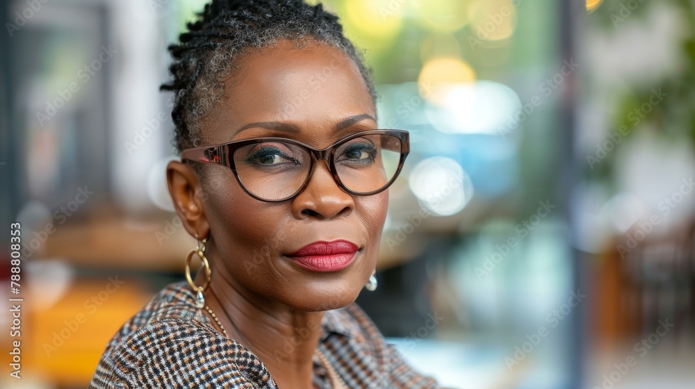 Elegant mature Black woman in glasses, vibrant red lipstick, wearing plaid jacket in cozy cafe setting, professional and confident. Elegant mature Black woman in glasses, vibrant red lipstick, wearing plaid jacket in cozy cafe setting, professional and confident.
