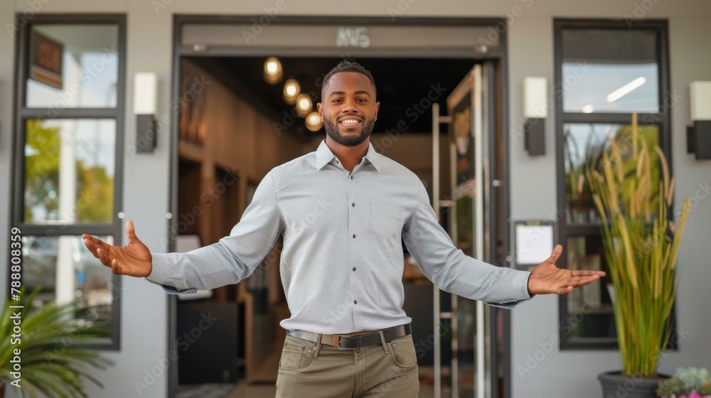 Welcoming Black man smiling in business entrance, wearing smart casual shirt and trousers, palms open, modern office setting with natural elements, inclusive workplace vibes. Welcoming Black man smiling in business entrance, wearing smart casual shirt and trousers, palms open, modern office setting with natural elements, inclusive workplace vibes.