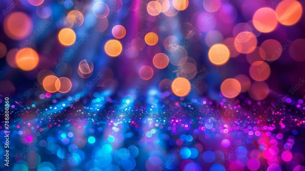 Vibrant multicolored bokeh lights in blue and pink hues evoke festive celebrations and joyous holiday spirits.
