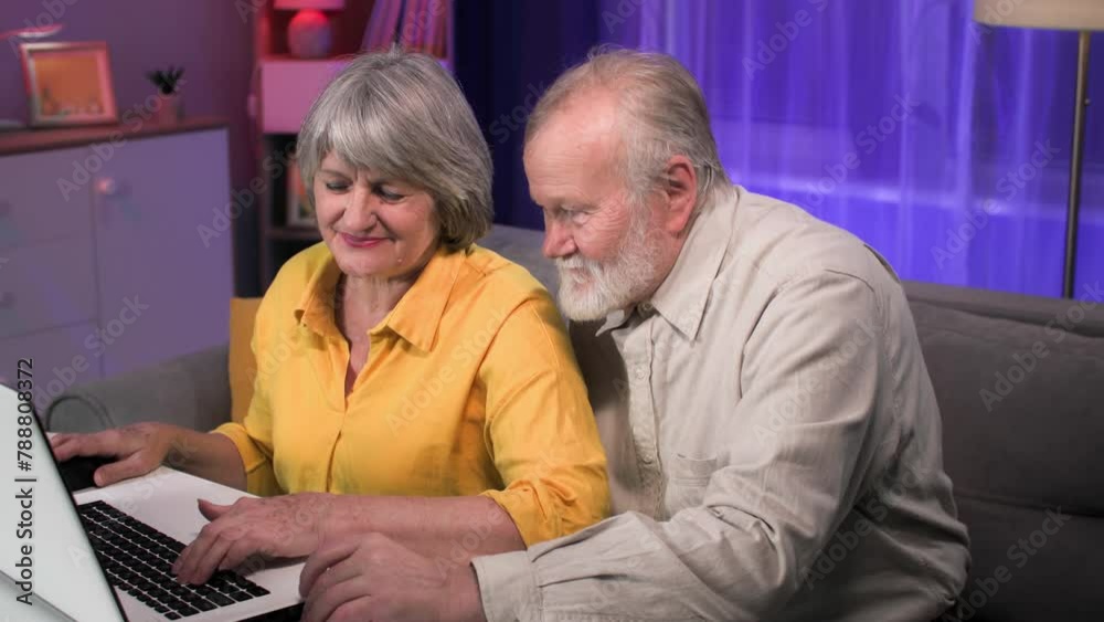 cheerful old woman with an elderly man having fun playing computer games on a laptop while sitting at a table in room cheerful old woman with an elderly man having fun playing computer games on a laptop while sitting at a table in room