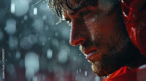 Vibrant close-up of wet, contemplative man in red jacket amid raindrops, evoking themes of endurance and introspection. photo